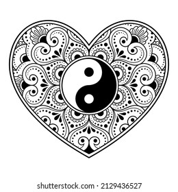 Mehndi flower pattern and Yin-yang symbol form of heart for Henna drawing and tattoo. Decoration in ethnic oriental, Indian style. Valentine's day greetings. Coloring book page.