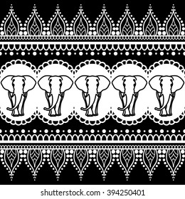 Mehndi henna border seamless pattern element with elephants and flower line lace in Indian style isolated on black background.  Vector illustration