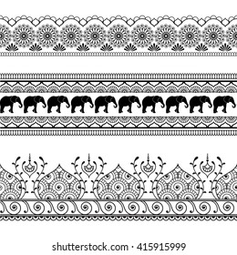 Mehndi henna border seamless pattern element with elephants and flower line lace in Indian style isolated on white background.  Vector illustration