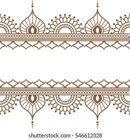 Mehndi Henna Brown line lace element with circles and waves pattern card for tattoo on white background