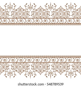 Mehndi Henna Brown line lace seamless border elements with flowers for pattern card or tattoo. Vector illustration isolated on white background