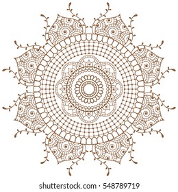 Mehndi Henna Brown line lace floral element for pattern card and tattoo. Vector illustration isolated on white background