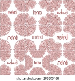 Mehndi henna frames, labels on white background for design. Set of lace ornaments. Indian patterns for design 