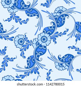 Mehndi indian traditional pattern, floral seamless vector background for saree clothes textile, fabric print. Seamless paisley backdrop with leaves and flowers. Awesome indian pattern design.