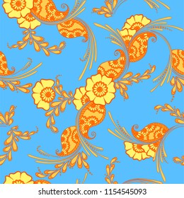 Mehndi indian traditional pattern, floral seamless vector background for saree clothes textile, fabric print. Seamless paisley background with leaves and flowers. Awesome indian pattern design.