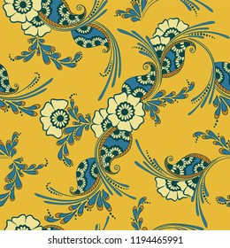 Mehndi indian traditional pattern, floral seamless vector background for saree clothes textile, fabric print. Seamless paisley background with leaves and flowers. Trendy indian pattern design.