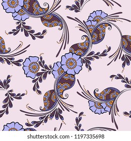 Mehndi indian traditional pattern, floral seamless vector background for saree clothes textile, fabric print. Seamless paisley background with leaves and flowers. Bright indian pattern design.