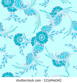 Mehndi indian traditional pattern, floral seamless vector background for saree clothes textile, fabric print. Seamless paisley background with leaves and flowers. Trendy indian pattern design.