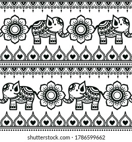 Mehndi Indian vector pattern with elephants, flowers and geometric shapes, henna tattoo style design. 
Traditional Asian repetitve background inspired by tattoo art from India and Pakistan

