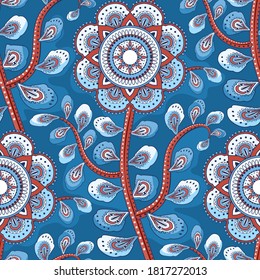 Mehndi leaves & flowers pattern grouped into twisted branches. Seamless floral texture with traditional paisley decorative element. Blue, red colored almond-shaped ornament. Mandala & buta textile.