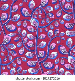 Mehndi leaves & flowers pattern grouped into twisted branches. Seamless floral texture with traditional paisley decorative element. Crimson colored almond-shaped ornament. Mandala & buta textile.