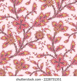 Las hojas y flores de Mehndi se agrupan en ramas torcidas. Textura floral sin fisuras con elementos decorativos de paisajes tradicionales. Delicado adorno en forma de almendra de color rosa. Mandala buta textil
