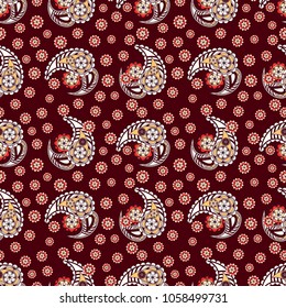 Mehndi leaves pattern arranged in rows. Seamless floral texture with traditional paisley decorative element. Indian or Arabic motive. Boho festival style.