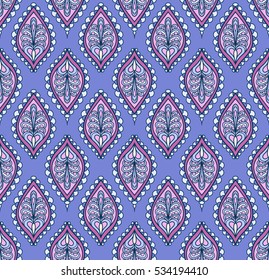 Mehndi leaves pattern arranged in rows. Seamless floral texture with traditional paisley decorative element. Purplish-blue colored almond-shaped ornament