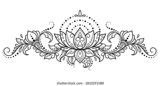 Mehndi Lotus flower pattern for Henna drawing and tattoo. Decoration in ethnic oriental, Indian style. Doodle ornament. Outline hand draw vector illustration.