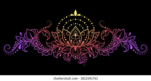 Mehndi Lotus flower pattern for Henna drawing and tattoo. Decoration in ethnic oriental, Indian style. Doodle ornament. Outline hand draw vector illustration. Rainbow design on black background.