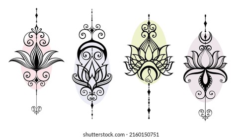 Patrón de flores de loto de Mehndi para el dibujo y tatuaje de Henna. Decoración de estilo étnico oriental, indio.