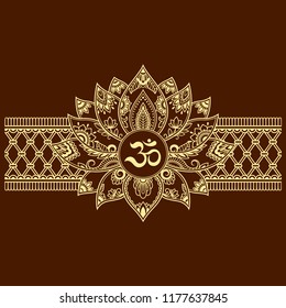 Mehndi Lotus flower pattern with mantra OM symbol and border for Henna drawing and tattoo. Decoration mandala in ethnic oriental, Indian style.