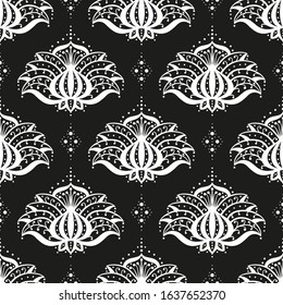 Mehndi Lotus Flower Seamless Pattern. Black and White Ornamental Floral Pattern Vector Background