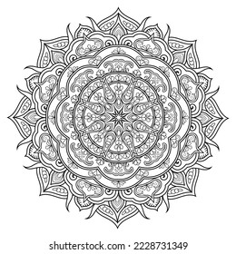 Patrón de Mehndi mandala. Ornamento floral circular. Elementos tradicionales de tatuaje de cachemir. La flor de Henna dibujada a mano en un estilo oriental, indio, folclórico, étnico. Vector de doodle de contorno con trazo editable