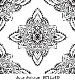 Patrón de Mehndi mandala para el dibujo y tatuaje de Henna. Decoración de estilo étnico oriental, indio. Marco floral indio para colorear páginas libro. Ilustración del vector