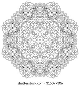 Mehndi mandala tracery wheel design. Handmade natural mood texture. Paisley, winding stem, bud mehndi doodle. Curved lines, doodling design. Good for plates, dish, tableware. 