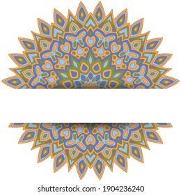 Mehndi mandala Vektorkartenvorlage mit Textplatz. Spa Center Flyer Banner Design. Rundblumenmandala-Ornament mit Schmetterling, Herz, Blatt, Blütenblätter, Blumenelementen. asiatischer Hintergrund.
