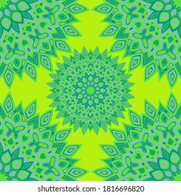 Mehndi mandala vector seamless pattern. Textile print design. Circle floral mandala ornament with butterfly, heart, leaf, petal, flower elements. Indian medallion motif seamless background.