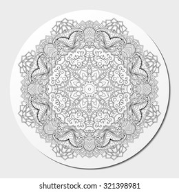 Mehndi ray edge mandala tracery wheel design. Handmade natural mood texture. Paisley, winding stem, bud mehendi doodle. Curved lines, doodling design. Good for plates, dish, tableware. Vector.