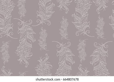 Mehndi seamless pattern with hand drawn feathers in mehndi style, vector. There is a swatch in the panel. Elements are not cut off and hidden under mask