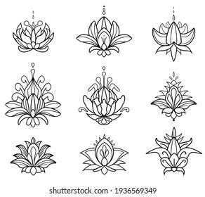 Mehndi set of Henna lotus. Hand drawn tatoo flowers. Floral paisley decorations in oriental, Indian, folk or ethnic style. Outline doodle vector ornament with editable stroke