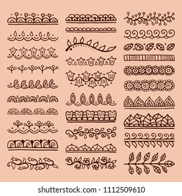 Mehndi style vector dividers. Set of creative hand drawn borders for your blog post decoration. Decorative lines for indian restaurant menu design. Perfect for your business.