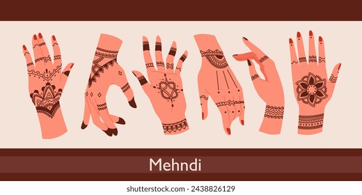 Mehndi tattoo and body art for girls palm with henna, traditional bridal ceremony drawing, fashion and beauty makeup for women cartoon vector illustration