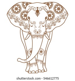 Mehndi tattoo Brown Henna Elephant decorated in Indian style. Vector illustration isolated on white background