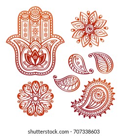 Mehndi tattoo doodle elements with hamsa hand, indian lotus and paisley on white background