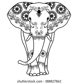 Mehndi tattoo Elephant decorated in Indian style. Vector illustration isolated on white background