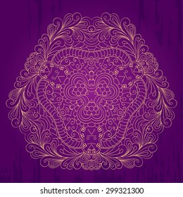 Mehndi tracery card, handmade, purple and gold. Purple and gold perfectly symbolize the spirit of the holiday and are suitable for greetings. 