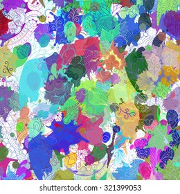 mehndi tracery pattern with ink blots. Handmade ornament. Mehendi doodling design. Good for site background. Colorful vector ink spots, digital imitation of the traditional style.