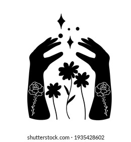 Mehndi woman hands. Celestial moon wildflowers. Linocut black and white line art graphic. Floral magic buttercup. Line art herbal farmhouse rustic wild flowers decor elements. Gardening