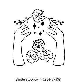 Mehndi woman hands with wild flowers peony rosehip. Linocut black and white line art graphic. Magic stars line art herbal farmhouse rustic wild flowers decor elements. Gardening