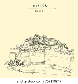 Mehrangarh fort (Sun Fortress) in Jodhpur, Rajasthan, India. Travel sketch. Hand drawn postcard in vector