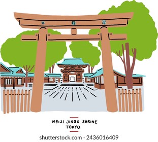 Santuario Meiji Jingu Santuario Shinto en Shibuya turismo en Tokio Japón monumento Dibujado a mano ilustración en color