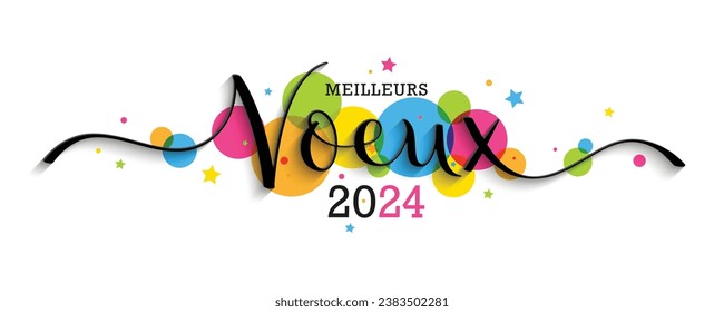 MEILLEURS VOEUX 2024 (HAPPY NEW YEAR 2024 in French) black vector brush calligraphy banner with colorful circles on white background