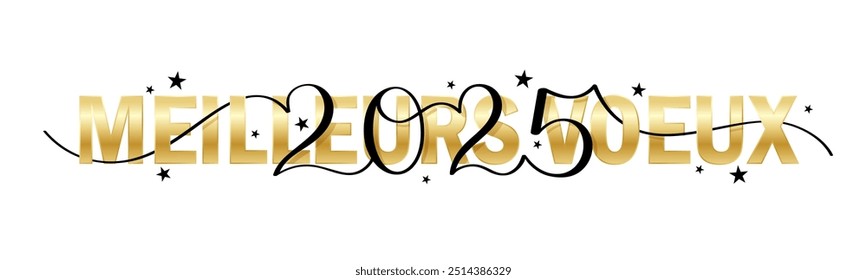 MEILLEURS VOEUX 2025 (FELIZ ANO NOVO 2025 em francês) preto e ouro escova vetor caligrafia banner