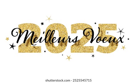 MEILLEURS VOEUX 2025 (FELIZ ANO NOVO 2025 em francês) banner de tipografia de vetor preto e dourado