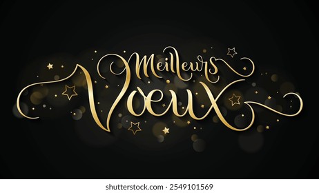 MEILLEURS VOEUX (FELIZ FERIADOS em Francês) metálico vetor escova de ouro escova caligrafia banner com estrelas no fundo preto