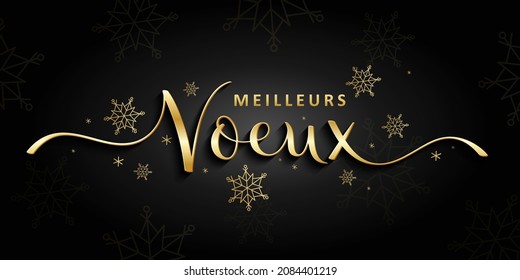 MEILLEURS VOEUX vector metallic gold brush calligraphy banner with snowflakes on dark background (HAPPY NEW YEAR - BEST WISHES in French)