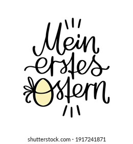 La carne resta diseño vectorial Ostern con corbata de huevo y cinta. El letrero en alemán dice Mi primera Pascua. Dos letras en color para tarjeta de bienvenida para bebés, decoración de fiesta o plancha de ropa.