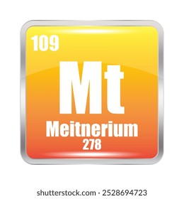 Meitnerium icon. Mt chemical element. Atomic number 109. Mass 278. Yellow square image.