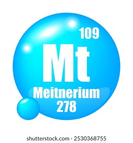 Meitnerium icon. Mt chemical element. Atomic number 109. Mass 278. Blue sphere image. Vector symbol.